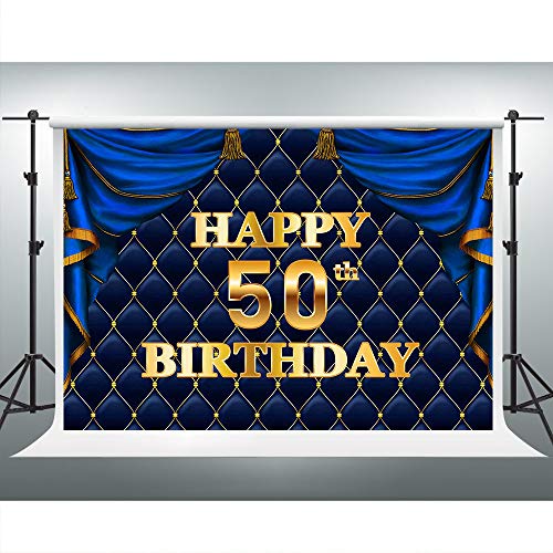 Gold Happy 50th Birthday Backdrop 7x5ft Blue Curtain Tufted Background Birthday Party Decorations