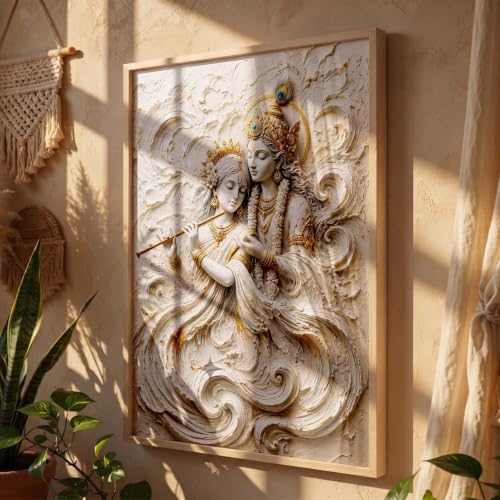 Image of CRAFTLYN Hindu God Wall Art WALL ART Prints Framed Spiritual Religious Paintings for Living Room, Pooja Room, Bedroom, Office, Meditation Room, Home Decor (Radha krishna 3, 19 X25, Brown)