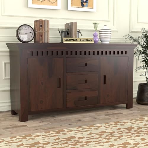 Image of Solid Sheesham Wood Wooden Sideboard Storage Cabinet & Chest of Drawer : Ideal for Living Room and Bedroom with 3 Drawers and 4-Shelf Storage (Carter, Walnut Finish)