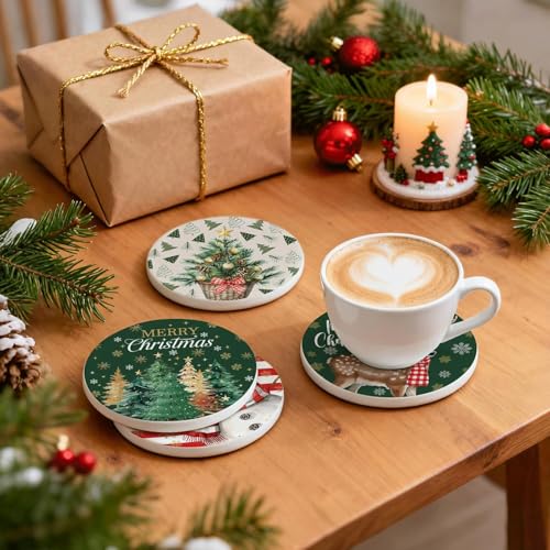Image of Christmas Coasters Set of 6 with Metal Holder, Round Cork Drink Coasters, Santa Snowman Reindeer Tree Design, 4 Inch, Holiday Table Decor
