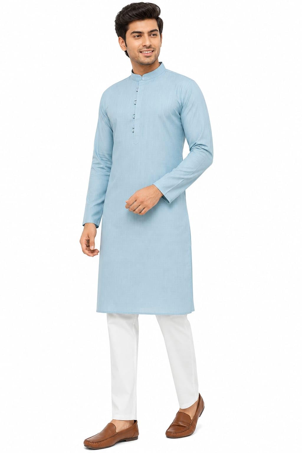 Men's Sky Blue Kurta European linan with Mandarin Collar and Full Sleeves-picture-33