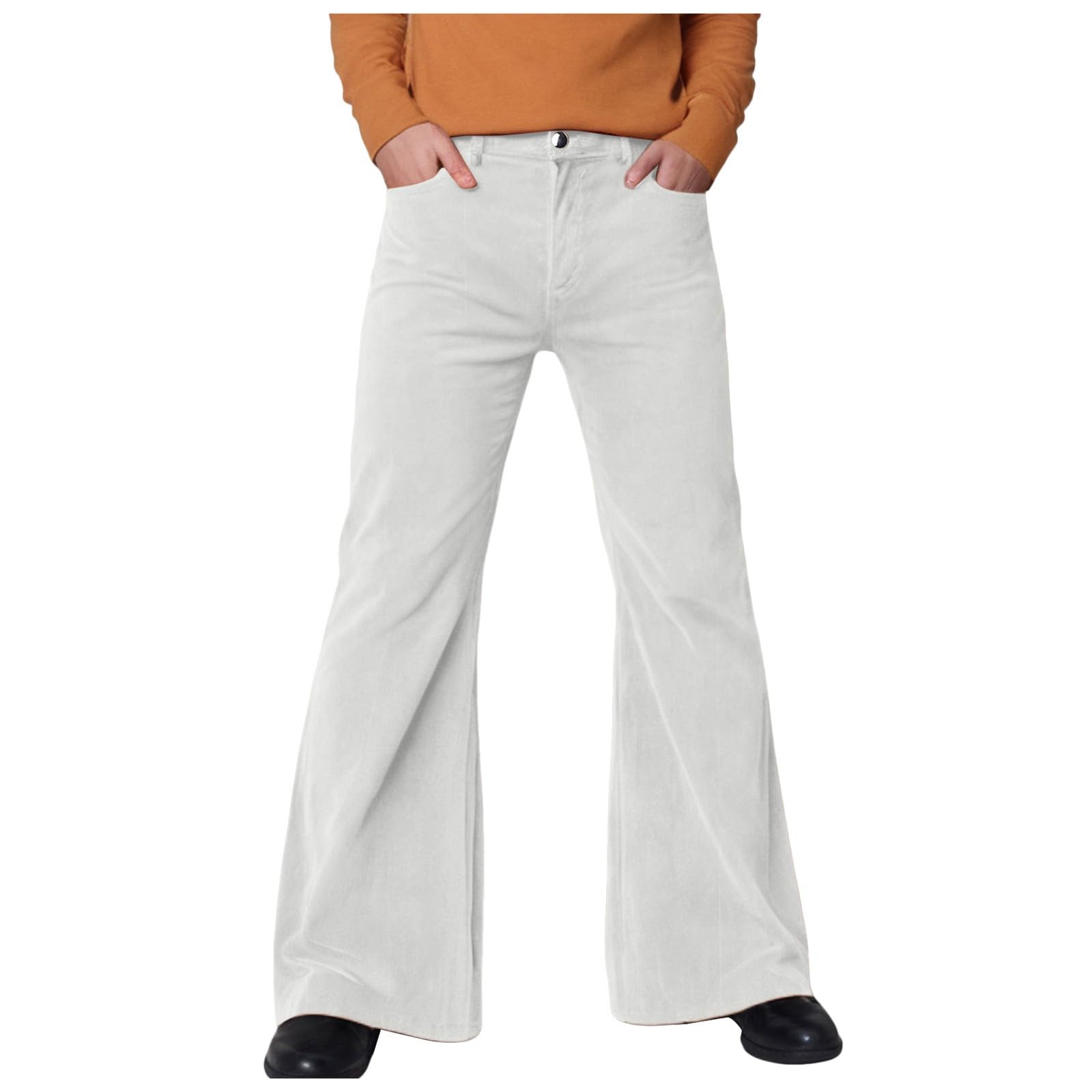 Mens Corduroy Retro Flared Trousers Mens 60s 70s Flared Cord Flares Trousers Bootcut Bell Bottoms 1960s Dress Up Costumes Long 70s Carnival Disco Outfits Carnival Theme Party Hippie (White, M)