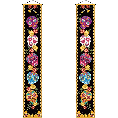 NIDONE Dia de Los Muertos Porch Sign Banner Sugar Skull Day of The Dead Banner Mexican Holiday Hanging Decoration Party Decoration Supplies, 11.8'' x 70.9'' Cover