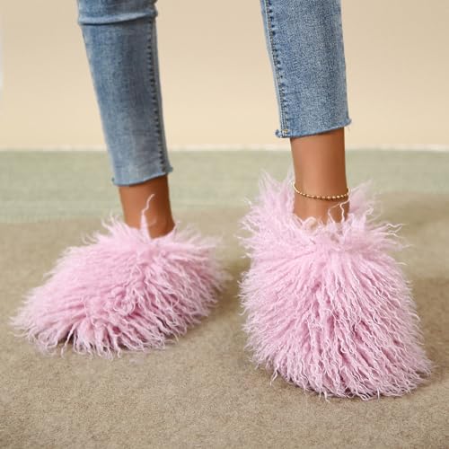 Image of Unisex Fuzzy Faux Fur Slippers, Women's Fluffy Long Hair Sheep Faux Fur Slip on Slides, Girls Luxury Big Fluffy Outdoor Flat Slippers, Long Curly Hair Non-Slip Warm Home Slide Shoes