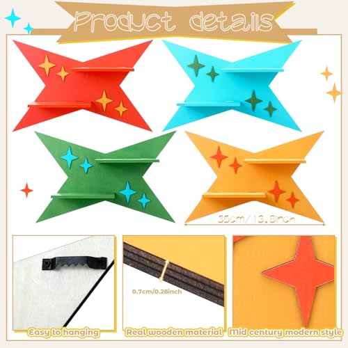 Image of Threehoney Mid-Century Modern Wall Set of 4 Colorful Floating Display Shelves Retro Style Starburst Wall Mounted Shelves Storage for Bedroom, Living Room Decor(Four-Pointed Star)