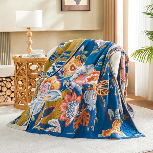 Image of XIBLC Boho Throw Blanket, Blue Lightweight Blankets for Summer, 100% Cotton Bohemian Decorative Throw Blanket, 60 inchx80 inch Reversible Muslin Breathable Woven Farmhouse Blankets Quilt,