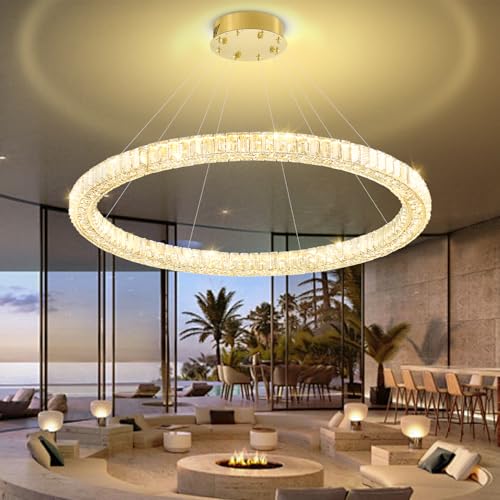 Flashing God Dia 40" Modern Ring Chandelier Gold Living Room Chanderliers LED Dimmable Crystal Ring Pendant Lights for Dining Room Bedroom H118 Round Chandelier by Flashing God - Used condition - Image 6