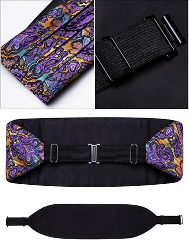 Image of Paisley Floral Tuxedo Cummerbund Bow Tie Pocket Square Set for Men | 3-piece set:cummerbund,bow tie&pocket square.Adjustable back for comfort.Silk blend,wedding,proms,black tie&formal events.