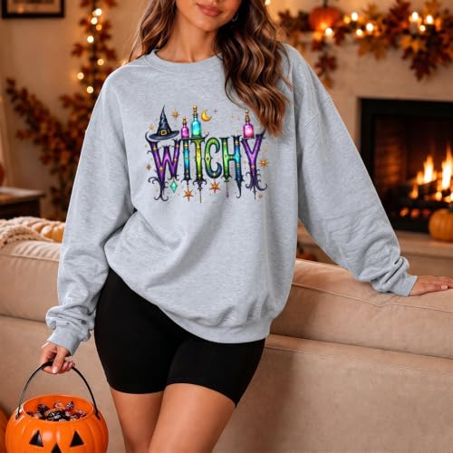 Halloween Sweatshirts for Women Crewneck Oversized Y2k Witchy Tops Grey - image 4