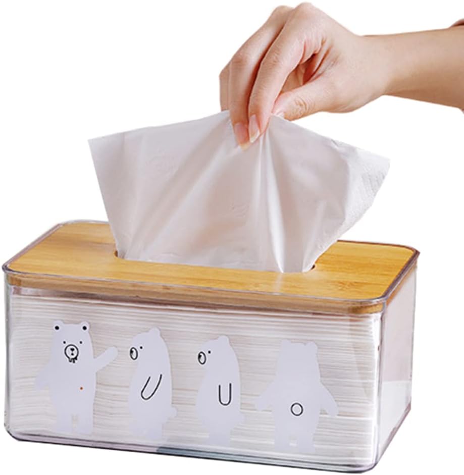 E-Qianw Tissue Holder, Clear Acrylic Tissue Box Storage with Bamboo Wood Lid, Cute Bear Print for Bathroom, Bedroom, Living Room