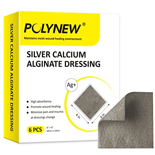 POLYNEW Silver Calcium Alginate Dressing 4x4-6 Individual Package Highly Absorbent Non-Adhesive Painless Removal Ag Alginate Wound Bandage for Burns Ulcers Abrasions Pressure Sore