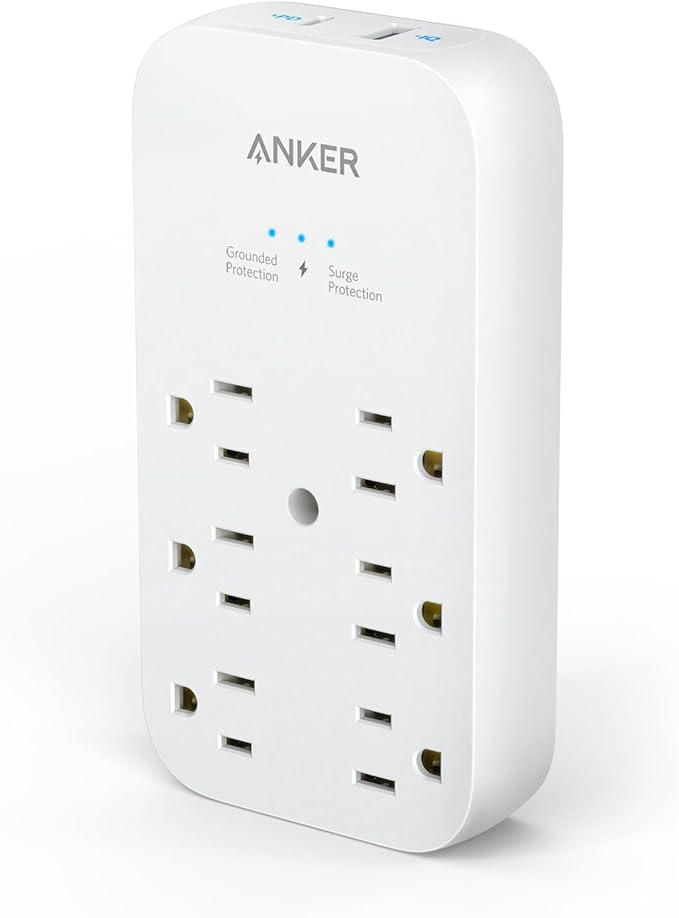 Anker Outlet Extender and USB Wall Charger, 6 Outlets, 2 USB Ports, 20W USB-C Power Delivery High-Speed Charging iPhone 15/15 Plus/15 Pro/15 Pro Max, Multi-Plug for Dorm, Home, and Office