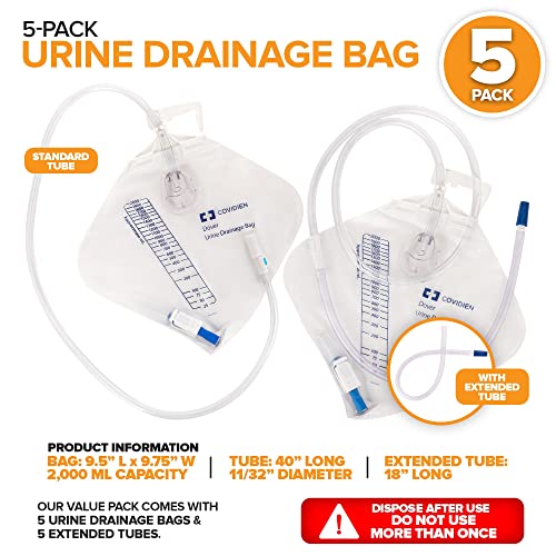Urine Drainage Bag With 18” Extended Tube (5 Pack) - Urine Bag With Anti-Reflux Chamber With Splash-Resistant Drain Spout - 2000 Ml Vinyl Urine Bags For Men - 40" Tube Drainage - Stock Your Home #TOP1