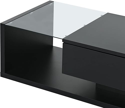 Miniatura 114 de Mesa de centro moderna con 2 cajones de almacenamiento y estantes de exhibición, mesa de cóctel rectangular con luces LED de 16 colores, ideal para