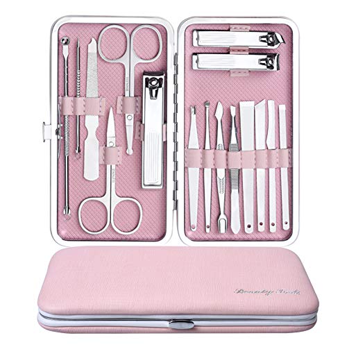 LEIZHAN Nail Clipper Set 16 PCS/SET - Stainless Steel Nail Care Kits - Professional Manicure Pedicure Grooming Tools Set with Storage Box (Pink)