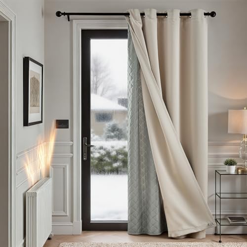 TOPICK Thermovorhang Kälteschutz doppelten Gardinen Ösen H214xB132 1 Stück | Gardinen Wohnzimmer Beige Türvorhang Verdunklungsvorhänge Schlafzimmer Vorhänge mit abnehmbare Schicht
