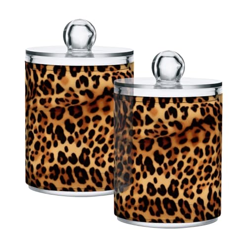 Kigai Leopard Print Qtip Holder - 14OZ Clear Plastic Apothecary Jars Bathroom Canister Dispenser Organizer Vanity Storage Jar with Lid for Cotton Ball Cotton Swab Floss (2PACK)