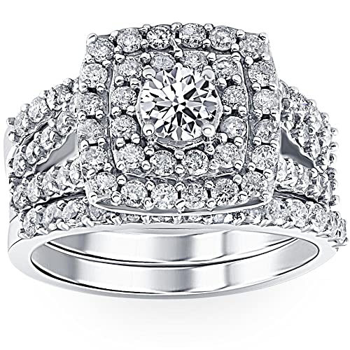 Pompeii 3 ct Diamond Engagement Wedding Double Cushion Halo Trio Ring Set 14k White Gold