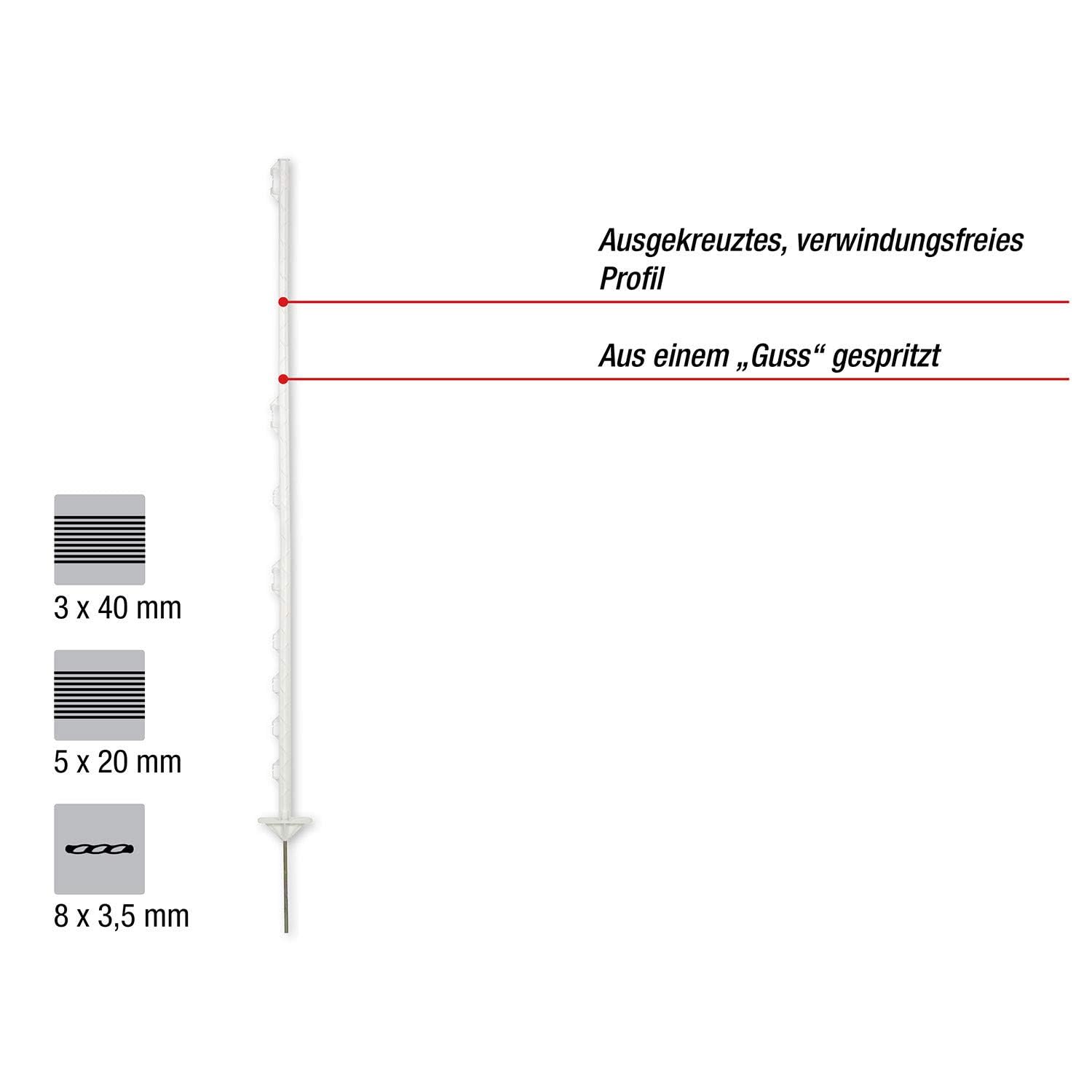 horizont Weidezaunpfähle Kunststoff weiß, Kunststoffpfähle 40 Stück, Höhe 156 cm, mit 8 Ösen für Bänder, Seile, Litzen, mit Doppeltritt, Weidezaunpfahl Kunststoffpfahl Weidezaun Aufstellpfahl