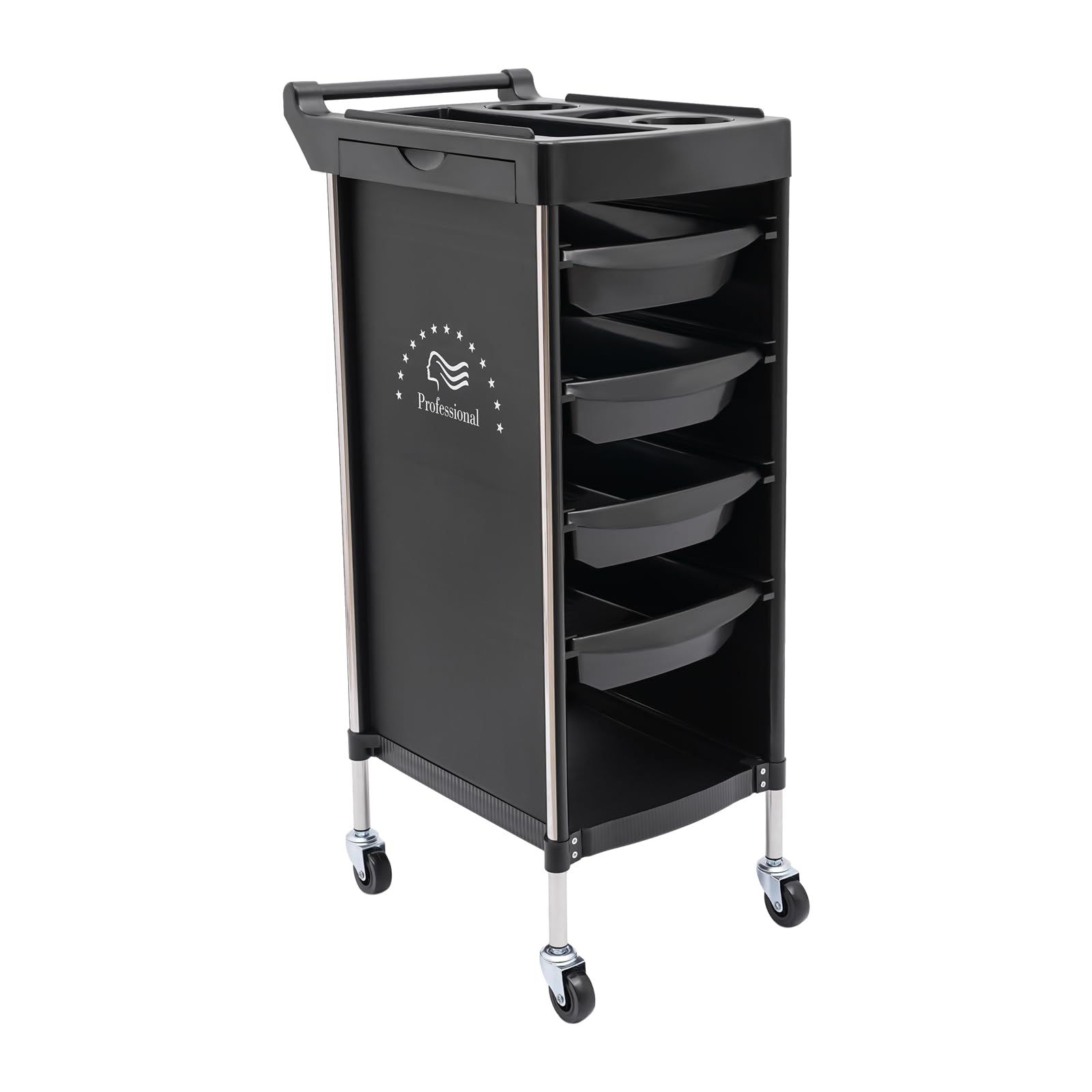 Friseurwagen mit 6 Stufen und Rollen, Friseurregal aus PP und Edelstahl - 50kg Traglast - Perfekt für Friseursalons und Schönheitssalons (Schwarz)