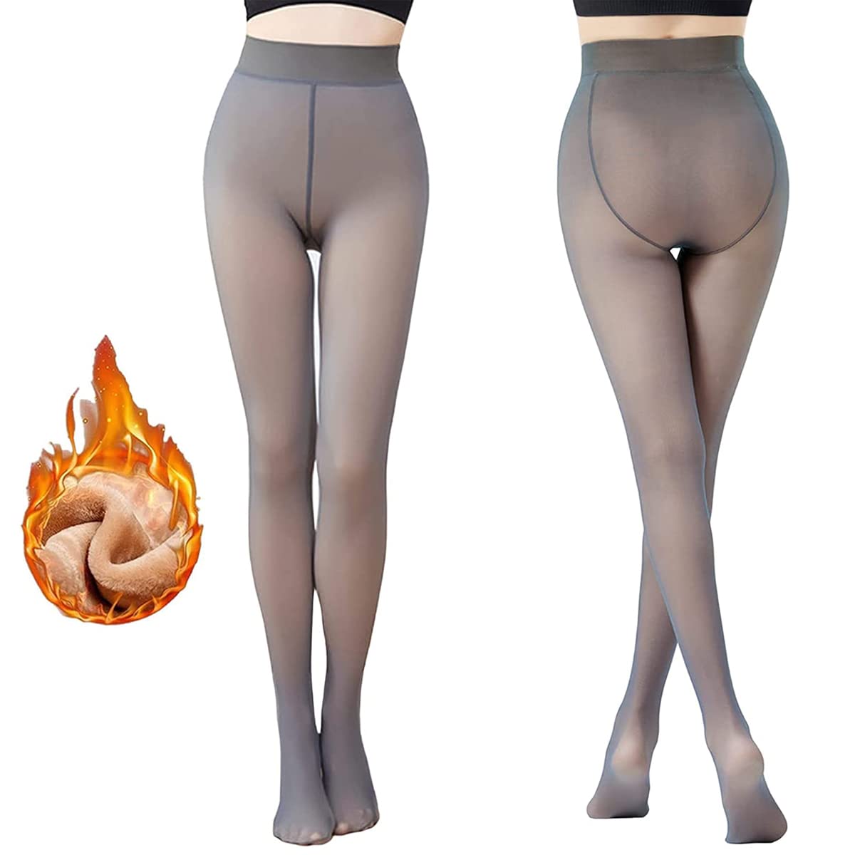 GBOKYNWinter Fleece Lined Tights for Women High Waist Warm Fake Translucent Nude Tights Fleece Pantyhose 220G (Grey)