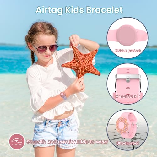 Image of Waterproof Air tag Bracelets for Kids (2 Pack) - Soft Silicone Hidden Air tag Wristband - Lightweight GPS Tracker Holder Compatible with Apple Airtag Band for Child (Light Orange /Dark Blue)