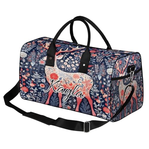 Boho Deer Custom Travel Bag, Personalized Duffle Bag with Initials Name, Retro Floral Sports Dance Gym Tote Bags Weekender Overnight Bags for Women Men2
