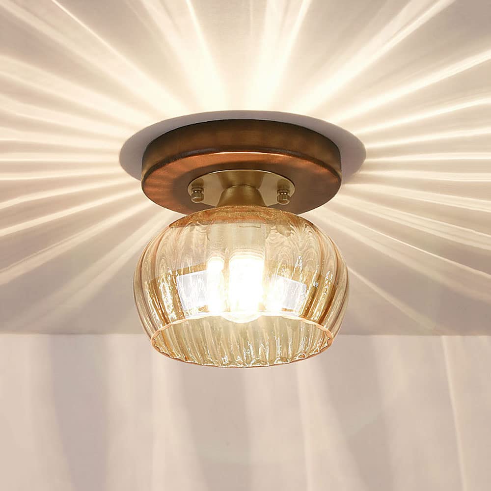 Siet Lampa sufitowa w stylu vintage, oprawa oświetleniowa do przedpokoju, drewno orzechowe Lampa sufitowa do montażu podtynkowego z przezroczystym kloszem ze szkła żebrowego, korytarz Kuchnia zbliżone