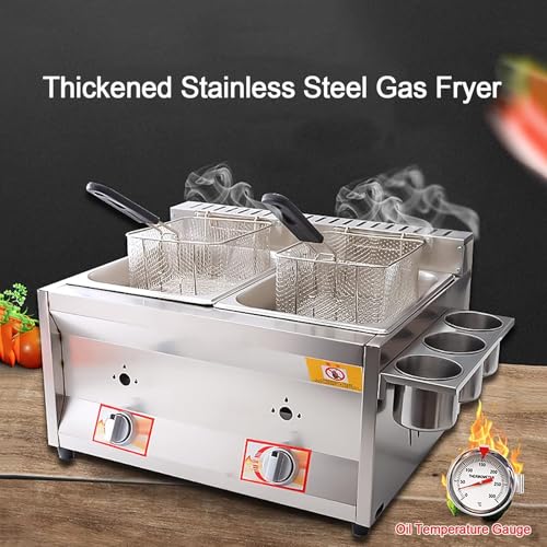 Kommerzielle Doppel-Gas-Fritteuse, Edelstahl-Arbeitsplatten-Fritteuse – 10 l + 10 l, LPG-Gasfritteuse für Pommes Frites, Restaurant, Zuhause, Küche – Bild 3