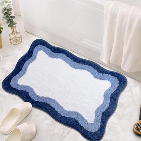 Bath Mats for Bathroom Non Slip 16"x24" Navy Piping Blue Bath Rug Gradient Irregular Shape Scalloped Bathroom Rug Microfiber Washable Absorbent Cute Bath Mat for Bedroom Floor Door Mat Sink Shower Cover