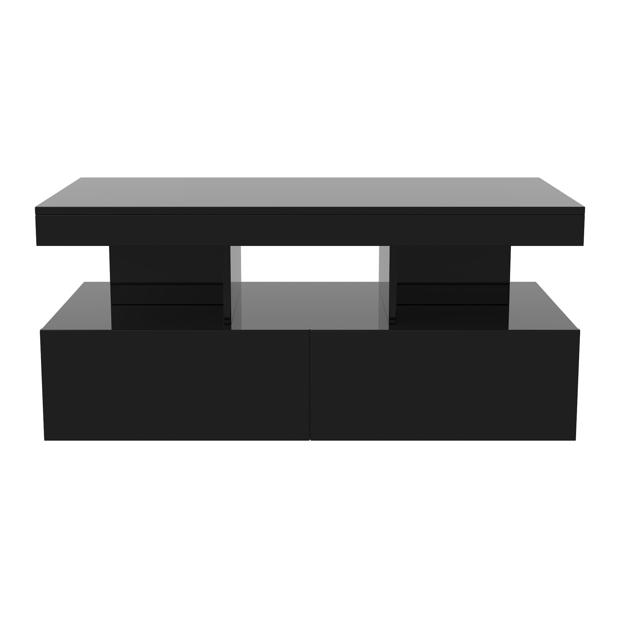 BRILVERDE mesa de centro de alto brillo, salón con LED de 16 colores y 2 cajones, sofá moderno con almacenamiento, auxiliar con 5 estantes (negro, 104 x 53 x 46 cm)