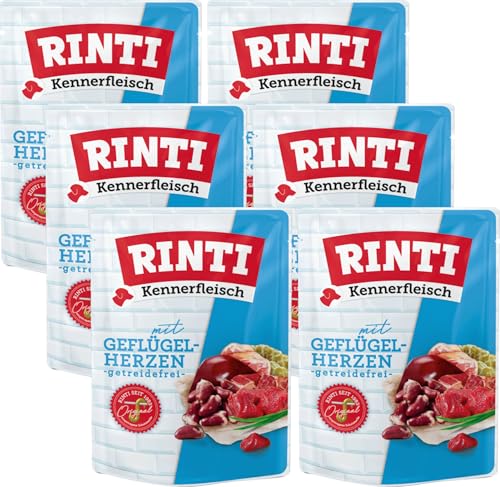 Rinti Kennerfleisch Geflügelherzen | 6 x 400g Frischebeutel | 70 % Fleisch & Innereien | Getreidefrei | Mit Omega 3 & Ballaststoffen | Alleinfutter für ausgewachsene Hunde