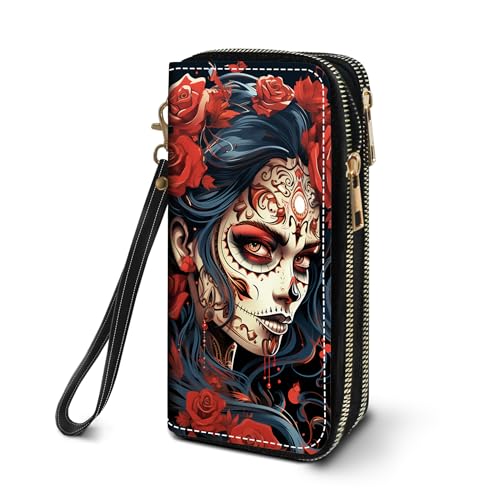 Women's Large Capacity Wallet PU Leather Double Zipper Clutch Purse Multifunctional Wallet with Removable Wristlet Strap for Smart Phone/Coin/Card/Cash, Sugar Skull Girl Roses