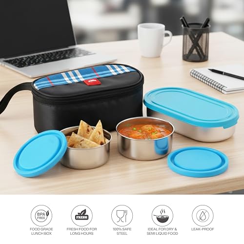 Image of CELLO MF Trent Plus Lunch Box with Bag for Office, Blue | 300ml x 2 Steel Containers, 500ml Oval Plastic Containers, Leak Proof Airtight Snap Lock Lid Tiffin Box Set for School Kids, College & Travel