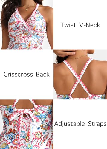Image of ROSEWE Two Piece Tankini Swimsuits for Women, Tummy Control Bathing Suit with Skirt, V-Neck Swimdress