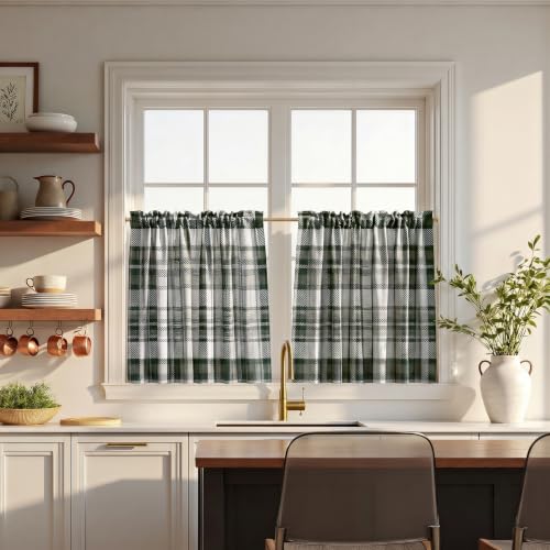 Image of TWOPAGES Rod Pocket Plaid Print Cafe Curtains, Mist, 52W x 36L