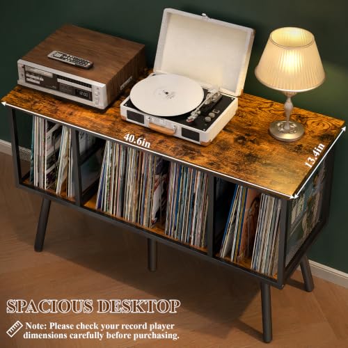 Image of Large Record Player Stand, Retro Vinyl Record Storage Holds 250+ Albums | 40.6 inchW x 13.4 inchD Tabletop Vinyl Stand with Adjustable Shelves & M-shaped Record Dividers for Customizable Vinyl Storage