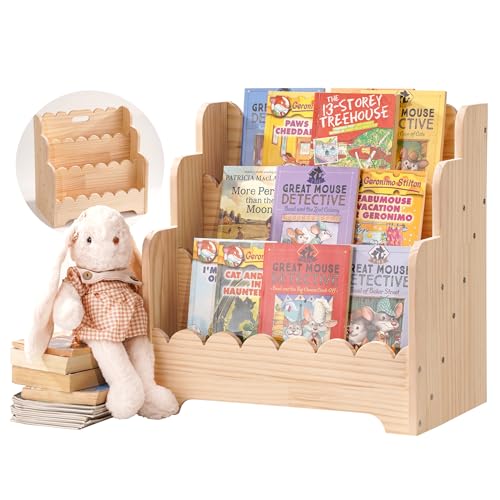 Kids Bookshelf Storage 3-Tier, Book Case for Kids Rooms, Scalloped Wooden Montessori Bookcase for Toddlers & Baby, Small Nursery & Classroom Book...