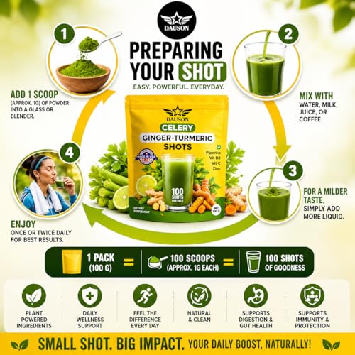 Image of Celery Shots Boosted with Ginger, Turmeric, Piperine & Prebiotics Shots | Wellness Herbal Supplement for Detox, Immunity Boost & Digestive Support | 100 Servings
