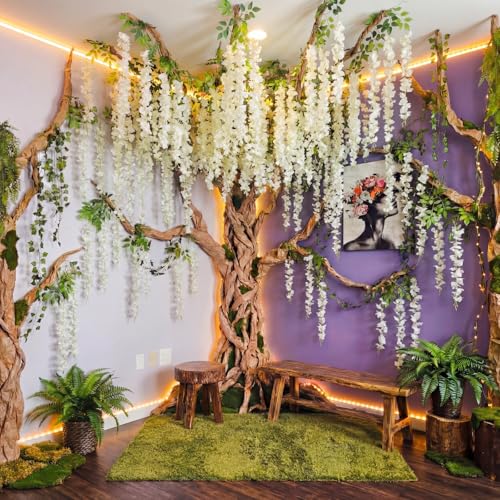 XunYee 40 Pcs 3D Wisteria Tree Wall Decor for Room Classroom Ceiling Artificial Wisteria Hanging Flower DIY Cardboard Paper Tree with Vine Kraft Paper Fairy Bulletin Board Decoration(White)
