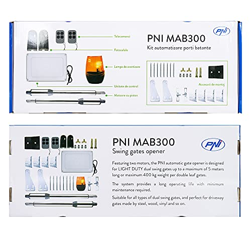 Kit de automatización puertas batientes PNI MAB300, con 2 motores de 40W, mandos a distancia y panel de control, fotocélulas y lámpara, longitud de puerta 2 x 2,5 m máx, peso de puerta 200Kg
