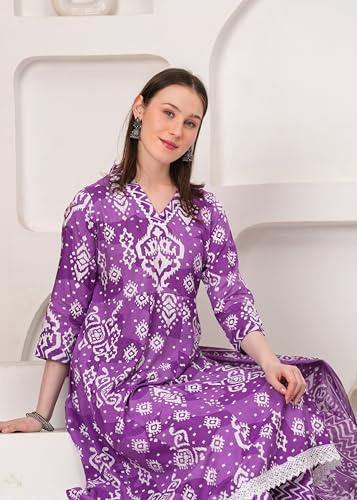 Image of Ethnic Villa Traditional Floral Anarkali Suit with Dupatta, 3 Sleeve Cotton Dress Set, Printed Kurta Palazzo with Dupatta Set (Pack of 1)