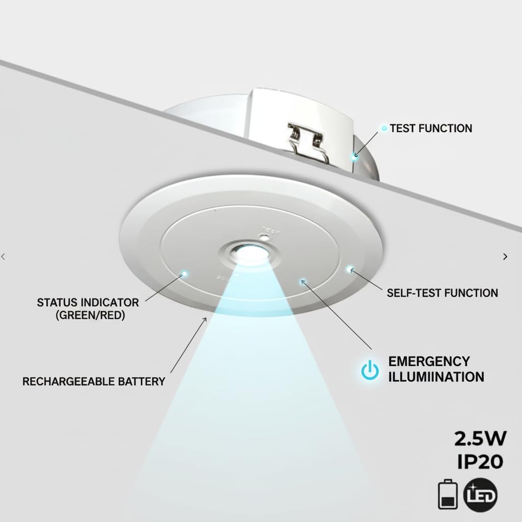 BARCELONA LED Luz de Emergencia LED Empotrable 2,5W 150lm con Batería Ni-mH 3,6V 0,6Ah, Autonomía 3 Horas, IP20, Ideal para Hogar, Oficina, Hoteles y Locales Comerciales Interiores