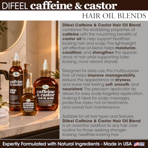 Image of Difeel Caffeine & Castor Hair Oil Blend for Thicker, Fuller-Looking Hair 8 oz. - Nourishing Scalp & Hair Oil Treatment, Strengthens Moisture Retention