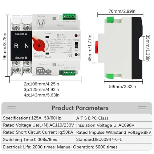 Sélecteur électrique ATS 2P 110V CA 125A alimentation sans interruption - 2