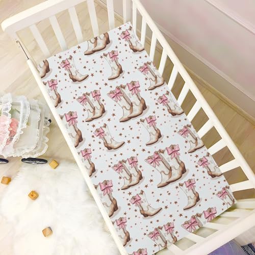Image of Caikeny Fitted Crib Sheet for Boys Girls Cowgirl Boots Bows Baby Crib Sheets Bassinet Sheets Crib Mattress Bed Sheets for Toddler Newborn Infant 27 x 39 in