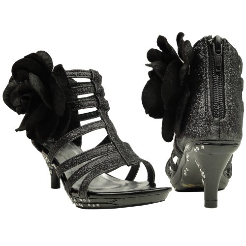 DS By KSC Kids Dress Sandals Strappy Glitter Fabric Flower Back Zipper Closure Black SZ 9