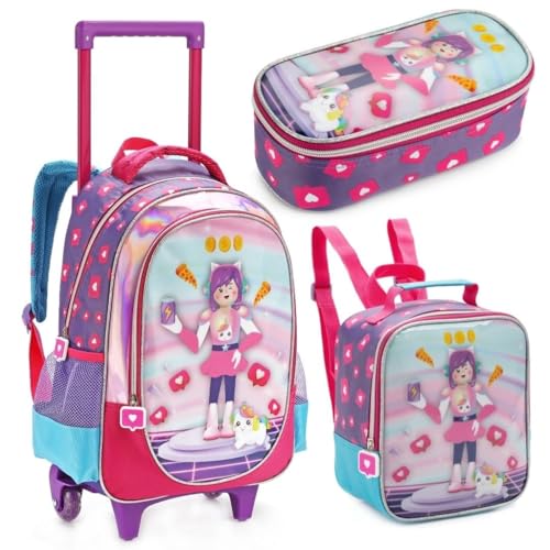 Kit Mochila Com Rodas Lancheira E Estojo Game Pk Feminina