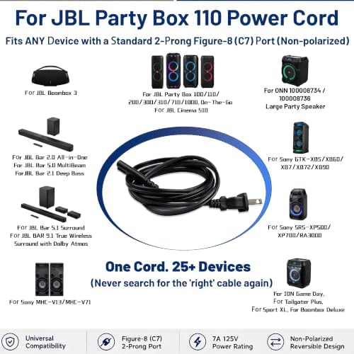 for JBL PartyBox 110 Charger Power Cord: 2 Prong AC Cable for Speaker - 3