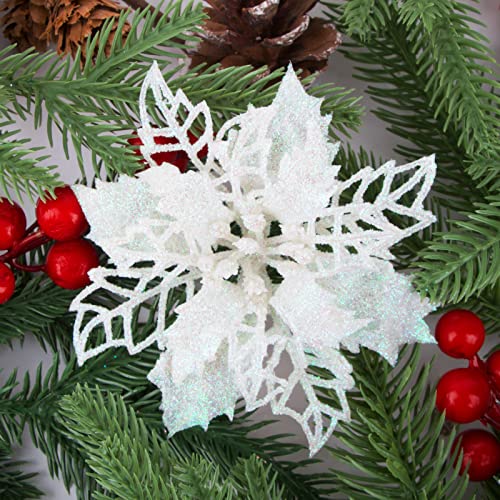 BETESSIN 24pcs Flor Artificial de Navidad 11cm Flor Decorativo para Árbol de Navidad Flor Blanco con Purpurinas Adorno Ornamento Decoración para Fiesta de Navidad